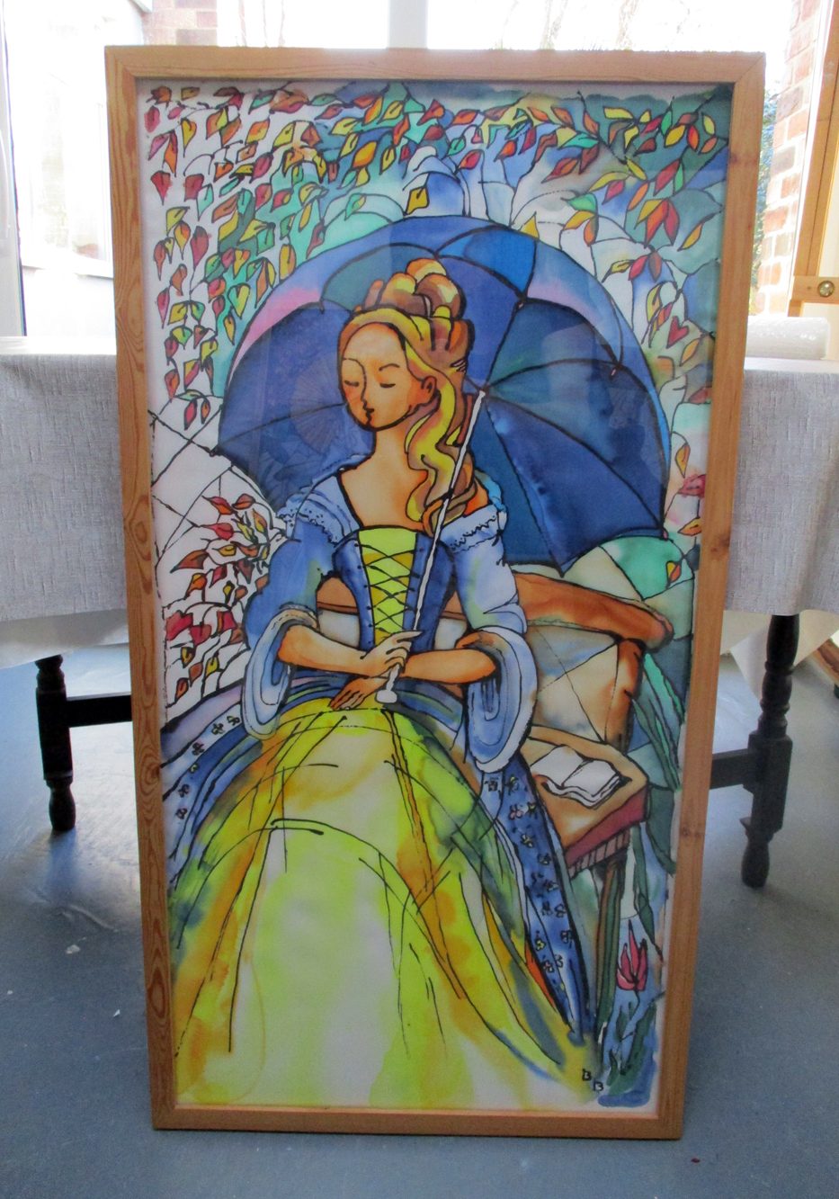 IMG_Lady with blue umbrella Silk painting 95cm x52cm