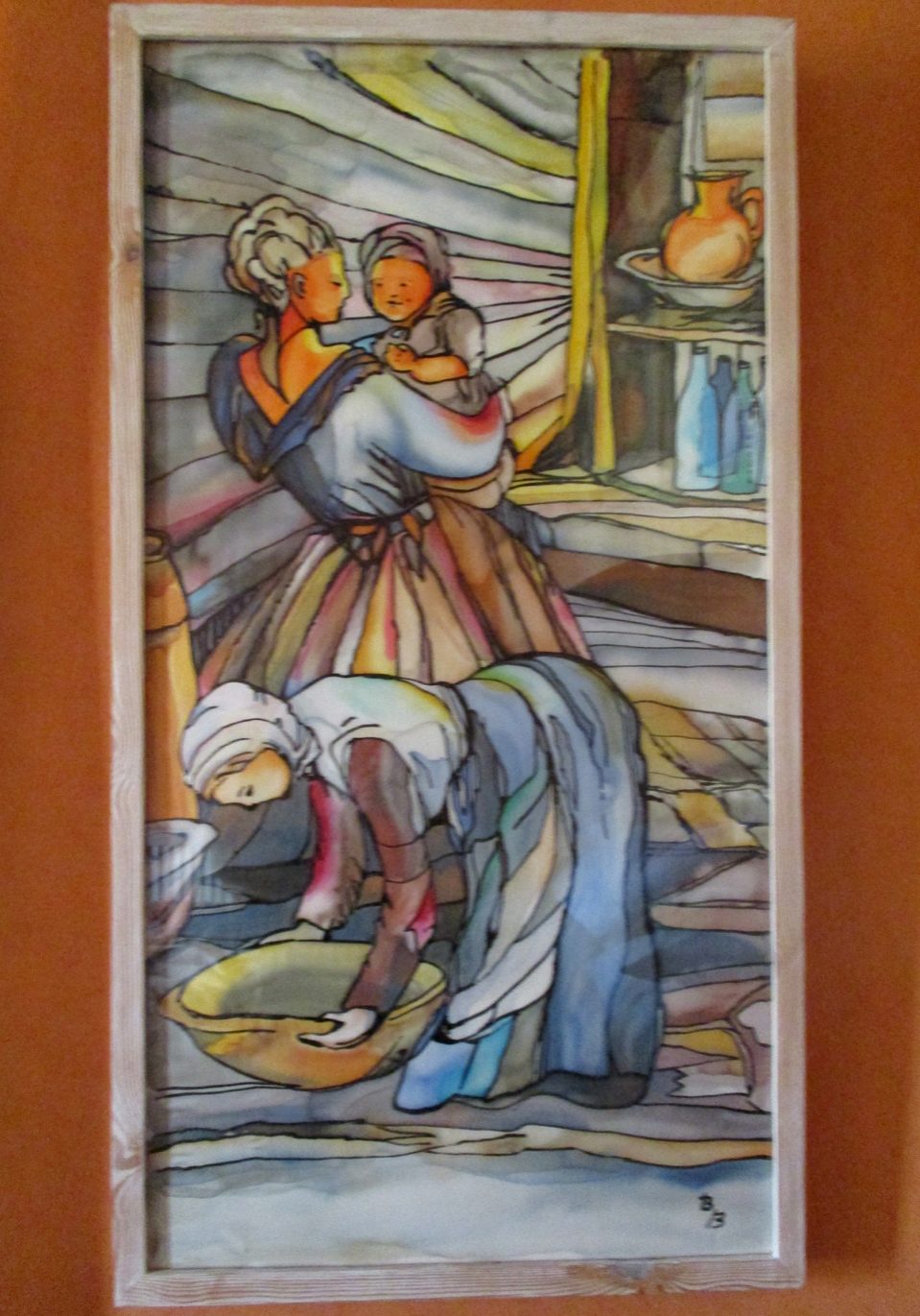 'In the 'Scullery'painted on silk 95cm x 52cm