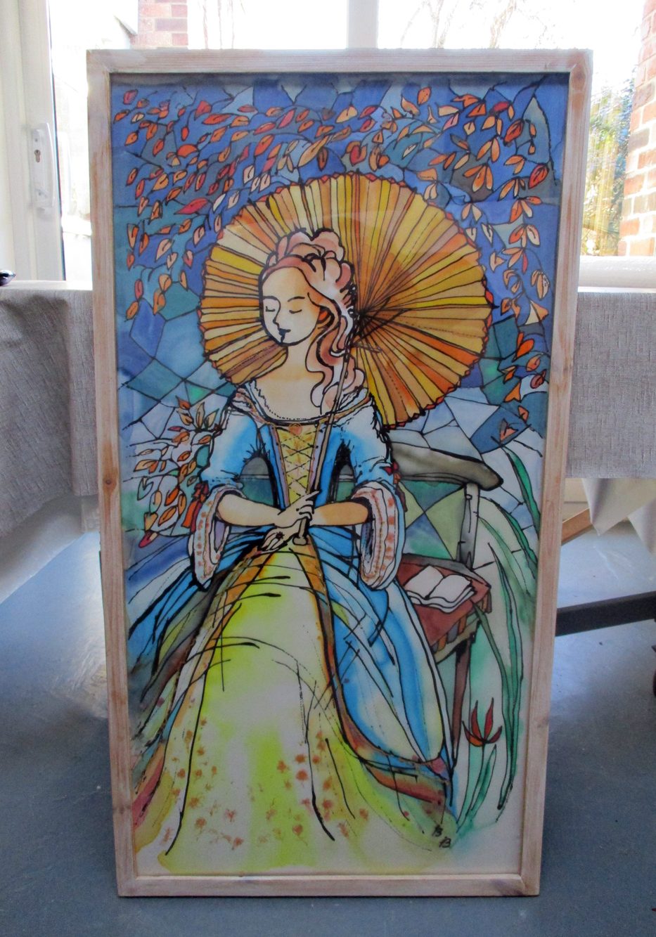 Lady with Yellow Umbrella Silk painting 95cm x 52cm